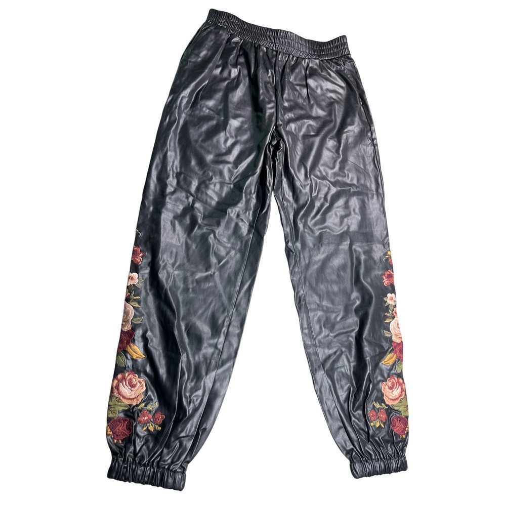 Driftwood Womens L Faux Leather Jogger Pants Floral Embroidered Black Roses